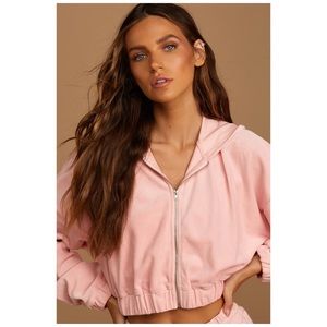 Lulus Chill Lifestyle Blush Pink Velour Cropped Hoodie size small